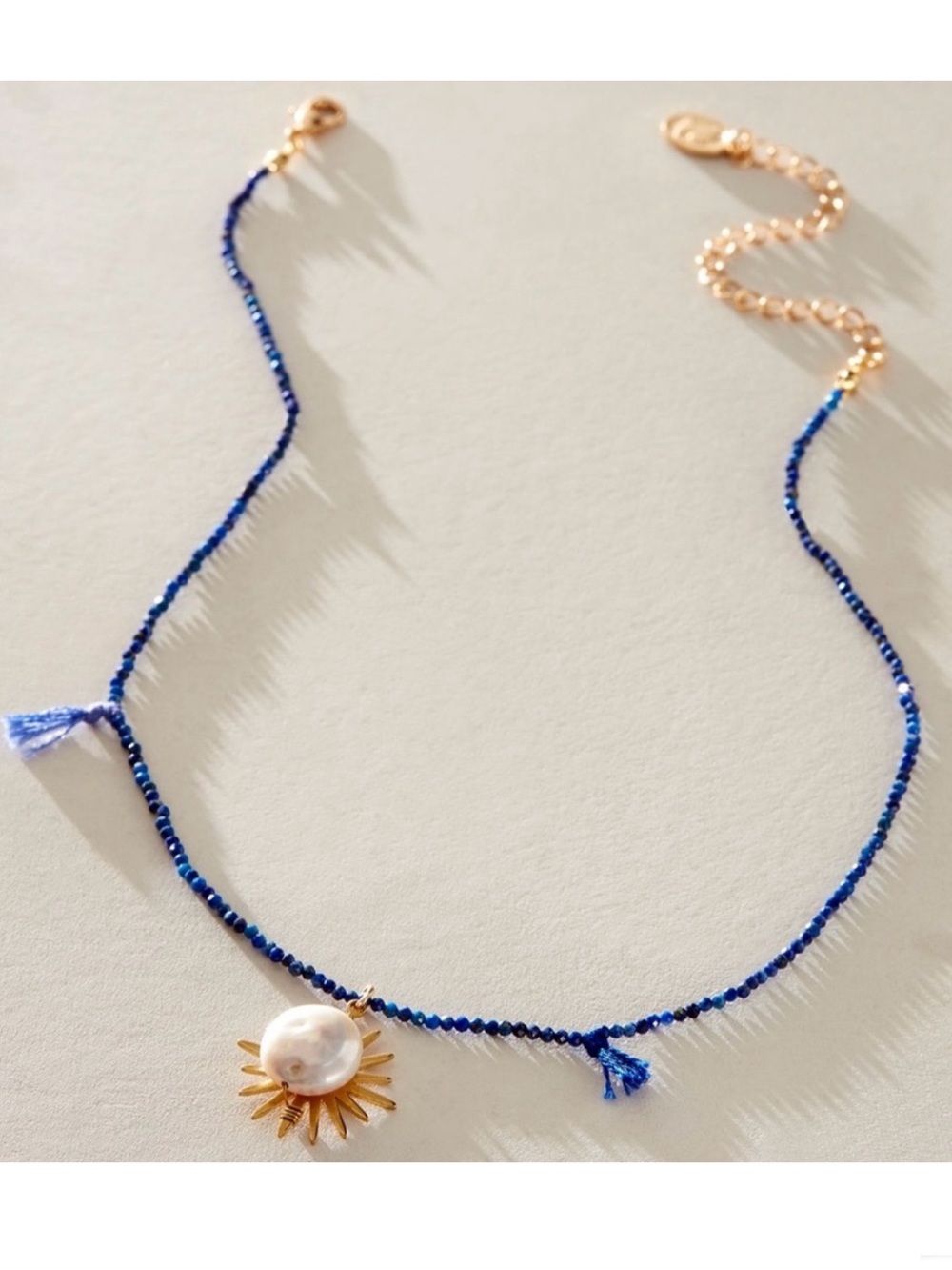 FREE PEOPLE Ariana Ost Sunlight Choker Necklace Blue Gold Sun Pearl Charm Rare